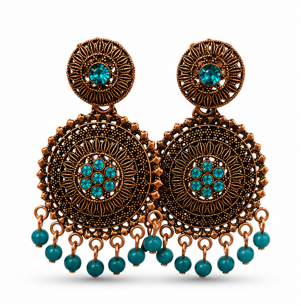 Antique Gold Circular Statement Earrings with Turquoise Stones & Bead Fringe