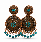 Antique Gold Circular Statement Earrings with Turquoise Stones & Bead Fringe