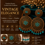 Antique Gold Circular Statement Earrings with Turquoise Stones & Bead Fringe