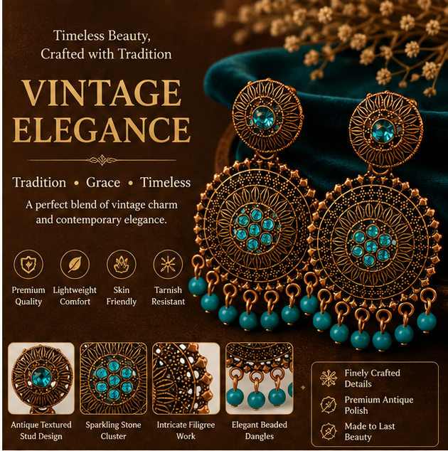 Antique Gold Circular Statement Earrings with Turquoise Stones & Bead Fringe