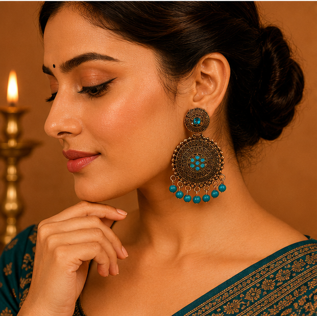 Antique Gold Circular Statement Earrings with Turquoise Stones & Bead Fringe