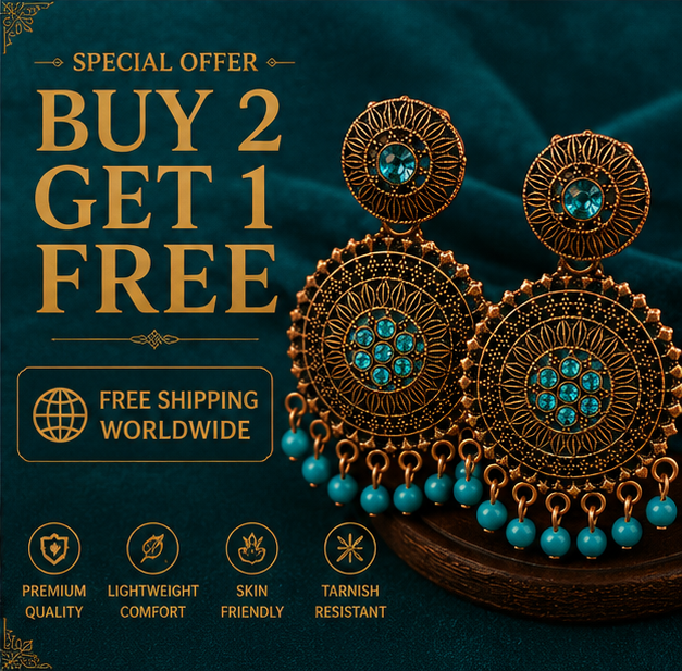 Antique Gold Circular Statement Earrings with Turquoise Stones & Bead Fringe