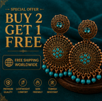 Antique Gold Circular Statement Earrings with Turquoise Stones & Bead Fringe