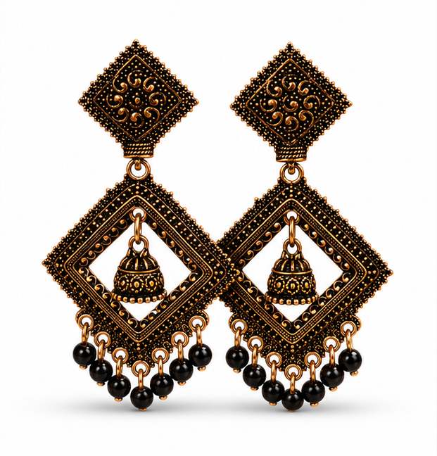 Antique Gold Geometric Dangler Earrings with Black Bead Drops