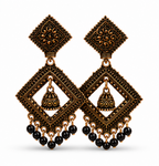 Antique Gold Geometric Dangler Earrings with Black Bead Drops