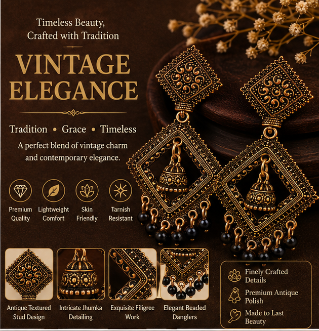 Antique Gold Geometric Dangler Earrings with Black Bead Drops