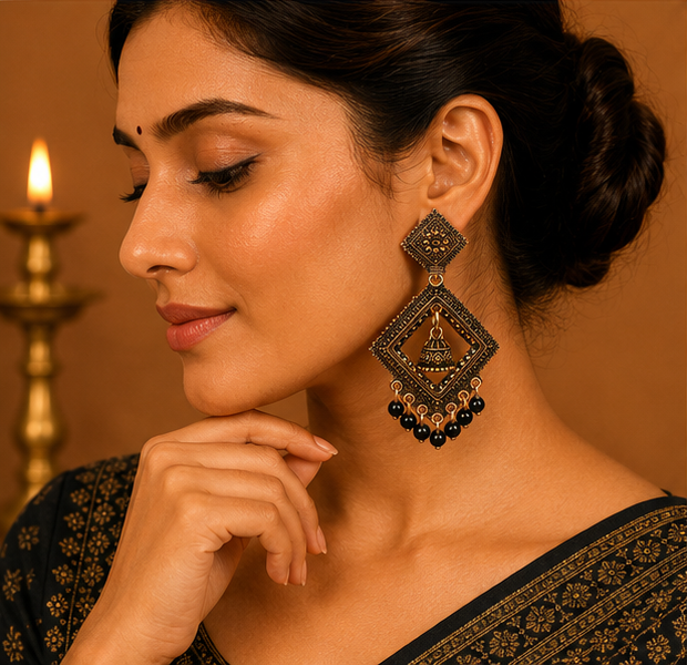 Antique Gold Geometric Dangler Earrings with Black Bead Drops