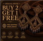 Antique Gold Geometric Dangler Earrings with Black Bead Drops