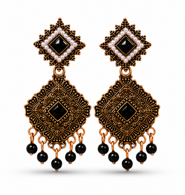 Antique Gold Geometric Dangler Earrings with Black Stone & Pearl Border
