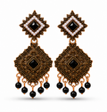 Antique Gold Geometric Dangler Earrings with Black Stone & Pearl Border
