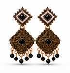 Antique Gold Geometric Dangler Earrings with Black Stone & Pearl Border