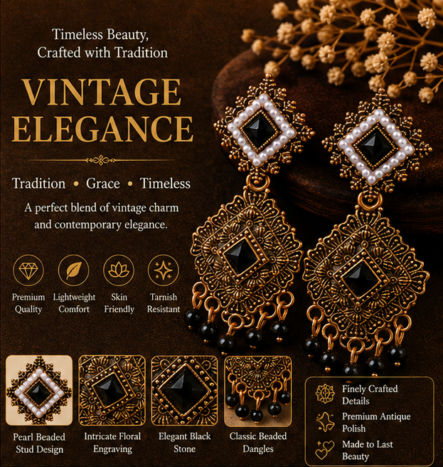 Antique Gold Geometric Dangler Earrings with Black Stone & Pearl Border