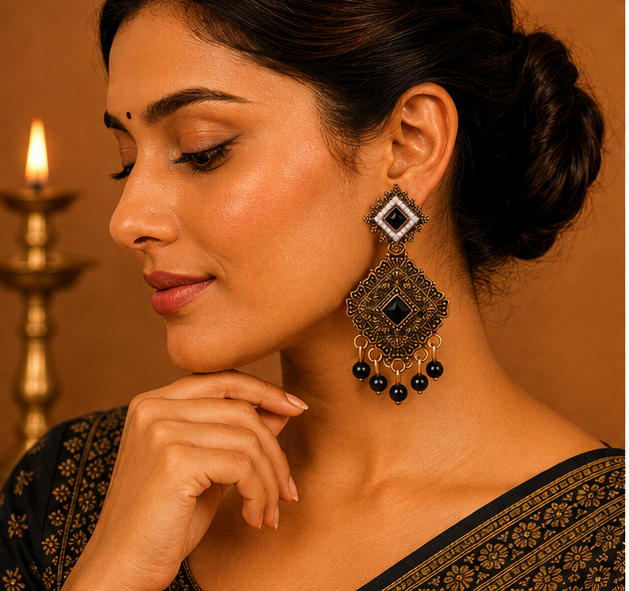 Antique Gold Geometric Dangler Earrings with Black Stone & Pearl Border