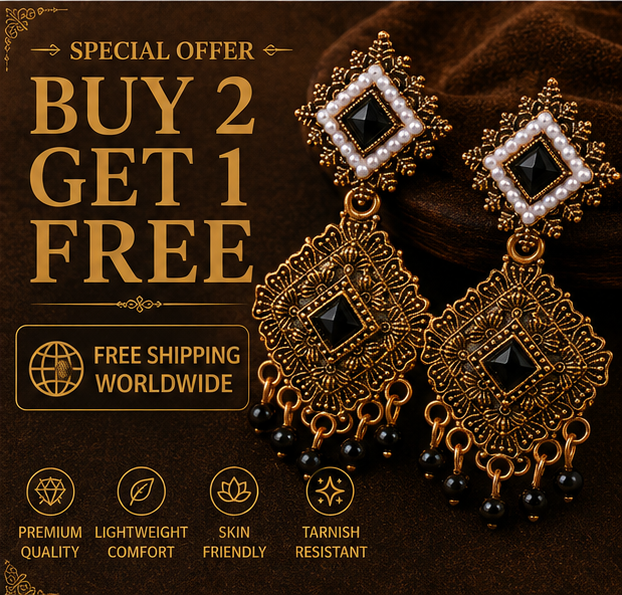 Antique Gold Geometric Dangler Earrings with Black Stone & Pearl Border