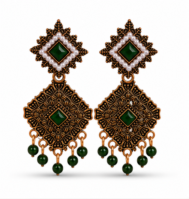 Antique Gold Geometric Dangler Earrings with Green Stone & Pearl Border