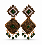 Antique Gold Geometric Dangler Earrings with Green Stone & Pearl Border