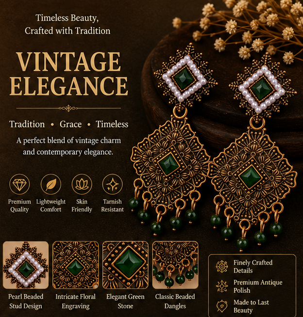 Antique Gold Geometric Dangler Earrings with Green Stone & Pearl Border