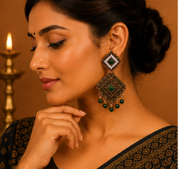 Antique Gold Geometric Dangler Earrings with Green Stone & Pearl Border