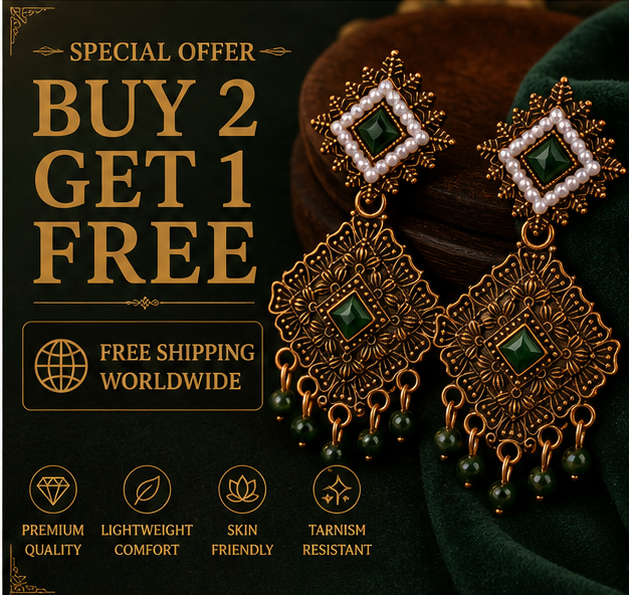 Antique Gold Geometric Dangler Earrings with Green Stone & Pearl Border