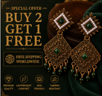 Antique Gold Geometric Dangler Earrings with Green Stone & Pearl Border