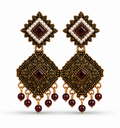 Antique Gold Geometric Dangler Earrings with Maroon Stone & Pearl Border