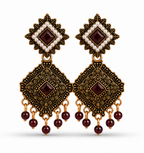 Antique Gold Geometric Dangler Earrings with Maroon Stone & Pearl Border