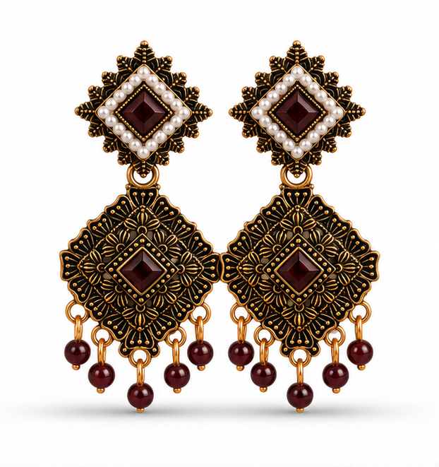 Antique Gold Geometric Dangler Earrings with Maroon Stone & Pearl Border