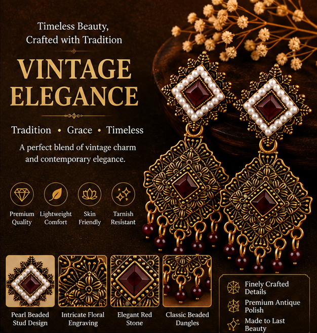 Antique Gold Geometric Dangler Earrings with Maroon Stone & Pearl Border