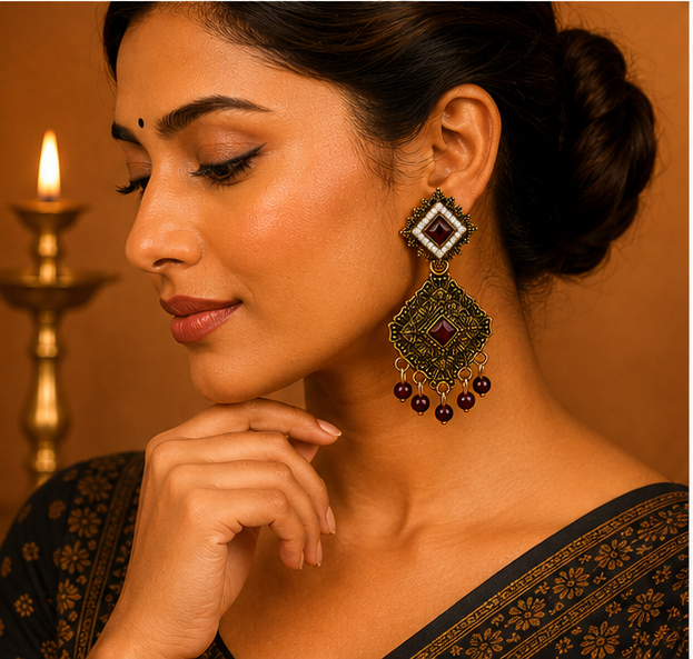 Antique Gold Geometric Dangler Earrings with Maroon Stone & Pearl Border