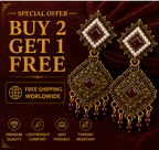 Antique Gold Geometric Dangler Earrings with Maroon Stone & Pearl Border
