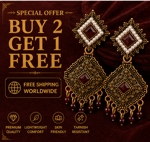 Antique Gold Geometric Dangler Earrings with Maroon Stone & Pearl Border