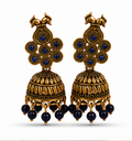 Antique Gold Peacock Jhumka Earrings with Blue Stones