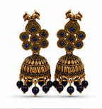 Antique Gold Peacock Jhumka Earrings with Blue Stones