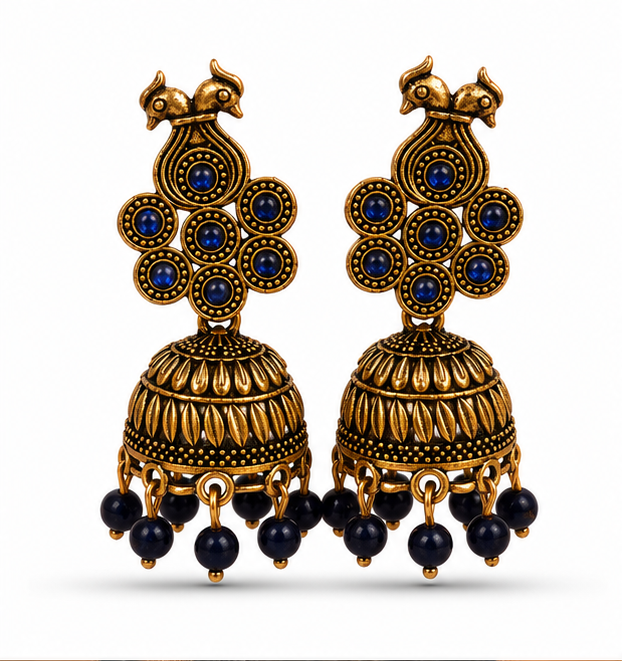 Antique Gold Peacock Jhumka Earrings with Blue Stones