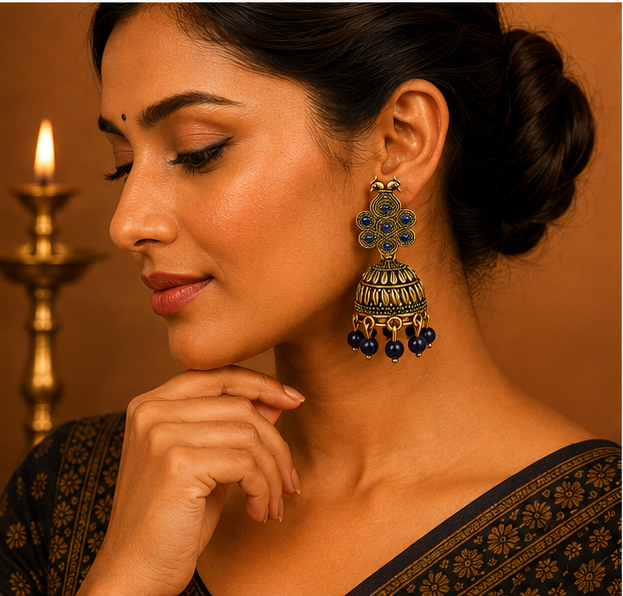 Antique Gold Peacock Jhumka Earrings with Blue Stones