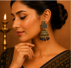 Antique Gold Peacock Jhumka Earrings with Blue Stones