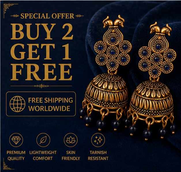 Antique Gold Peacock Jhumka Earrings with Blue Stones
