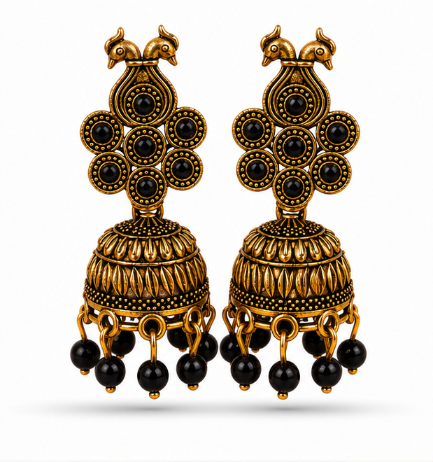 Antique Gold Peacock Jhumka Earrings with Black Stones