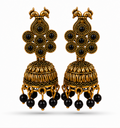 Antique Gold Peacock Jhumka Earrings with Black Stones