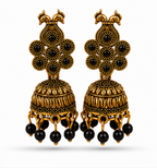 Antique Gold Peacock Jhumka Earrings with Black Stones