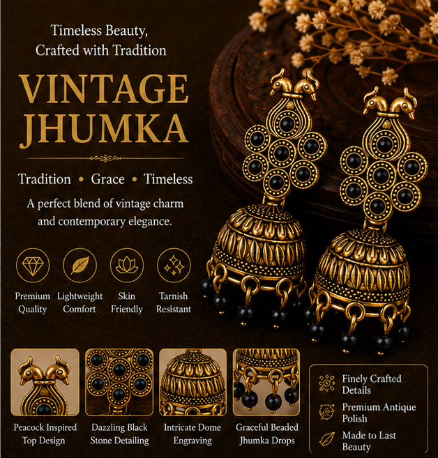 Antique Gold Peacock Jhumka Earrings with Black Stones