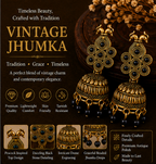 Antique Gold Peacock Jhumka Earrings with Black Stones