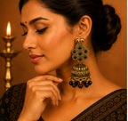 Antique Gold Peacock Jhumka Earrings with Black Stones