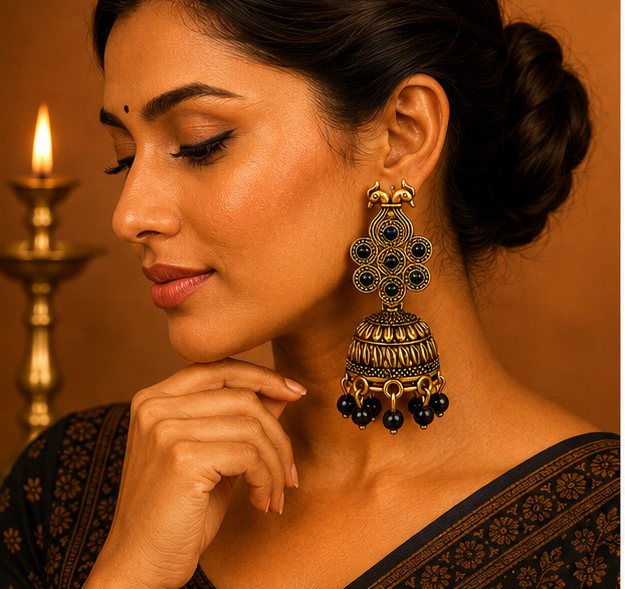 Antique Gold Peacock Jhumka Earrings with Black Stones
