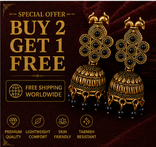 Antique Gold Peacock Jhumka Earrings with Black Stones