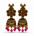Antique Gold Peacock Jhumka Earrings with Pink Stones