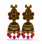 Antique Gold Peacock Jhumka Earrings with Pink Stones