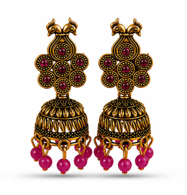 Antique Gold Peacock Jhumka Earrings with Pink Stones
