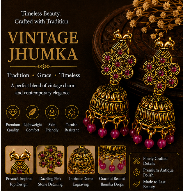 Antique Gold Peacock Jhumka Earrings with Pink Stones