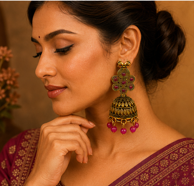 Antique Gold Peacock Jhumka Earrings with Pink Stones